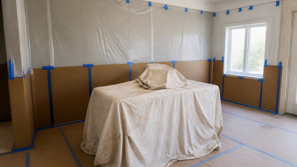 Interior room with walls covered in protective plastic sheeting and cardboard, furniture pushed to centre and covered with drop cloths, showing proper wall protection setup before renovation work