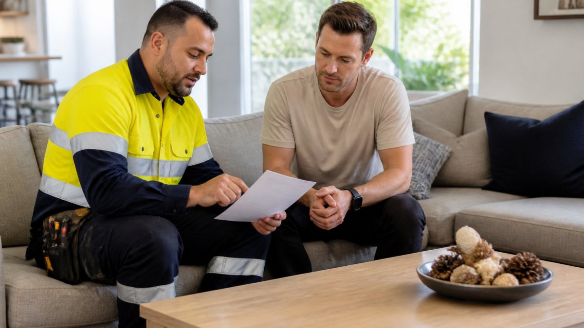 Electrician in high-visibility gear discussing a printed quote with a homeowner in their lounge room, both reviewing the document together, natural daylight from windows
