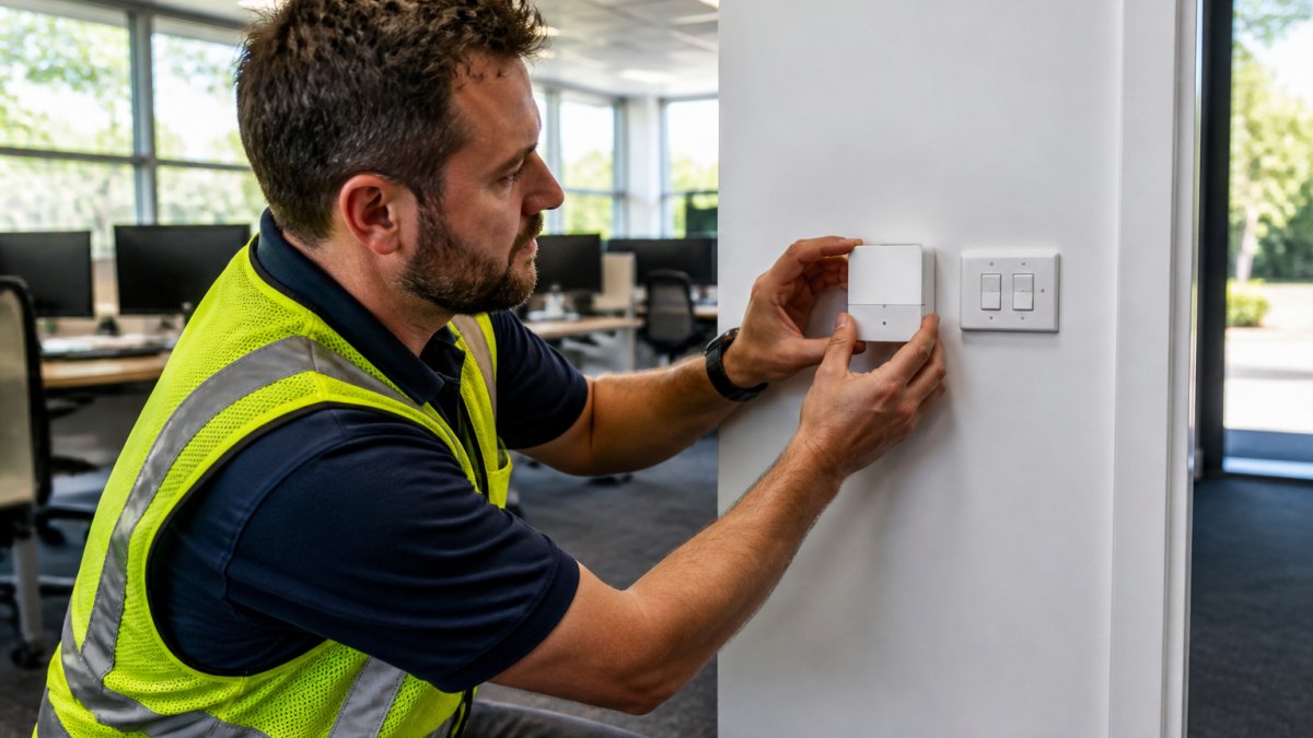 Professional electrician installing a wireless smart lighting module on a commercial building's interior wall, hands carefully positioning the device next to an existing light switch, bright office environment with natural daylight