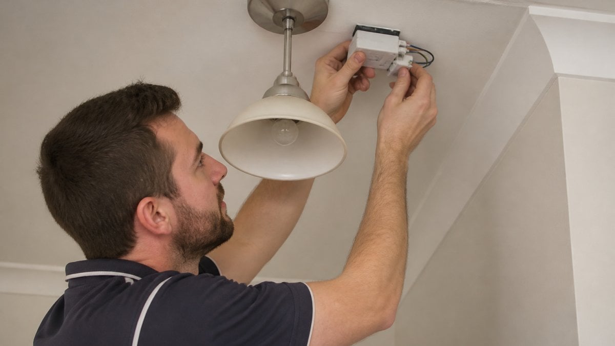 Professional electrician installing a wireless receiver module beside an existing light fixture in a residential setting, showing compact hardware connections with no wall damage or exposed wiring visible