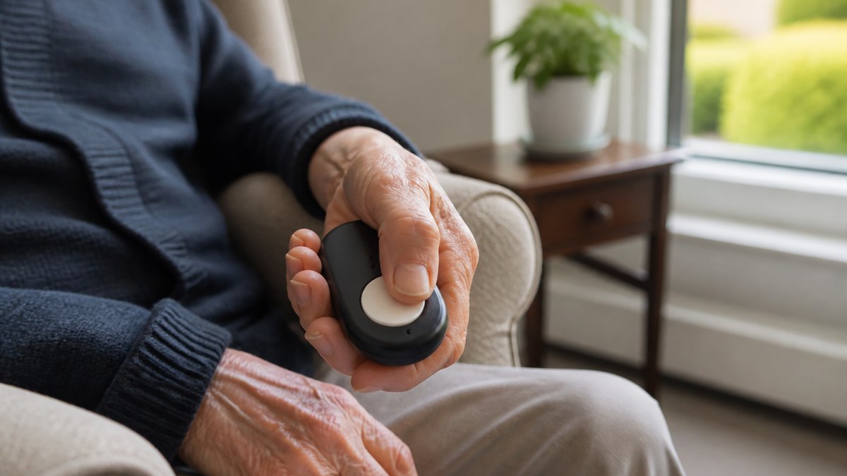 Close-up of a hand using a large-button wireless remote control from a seated position in a comfortable chair, with soft natural lighting from a window