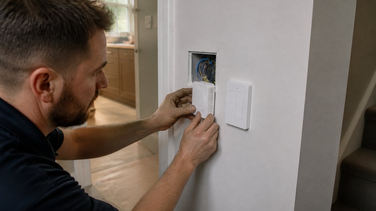Professional electrician installing a wireless switch module on a residential wall during renovation, showing the compact receiver unit and battery-free remote switch mounted nearby, with traditional wall cavity visible in background